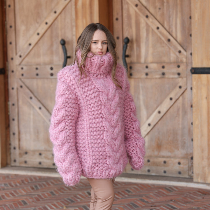 Pink 20-strand longhaired mohair oversized cable knit turtleneck sweater T2426 photo 6