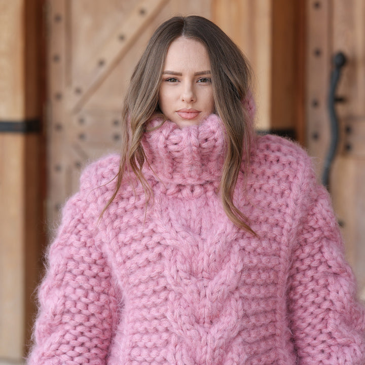 Pink 20-strand longhaired mohair oversized cable knit turtleneck sweater T2426 photo 7