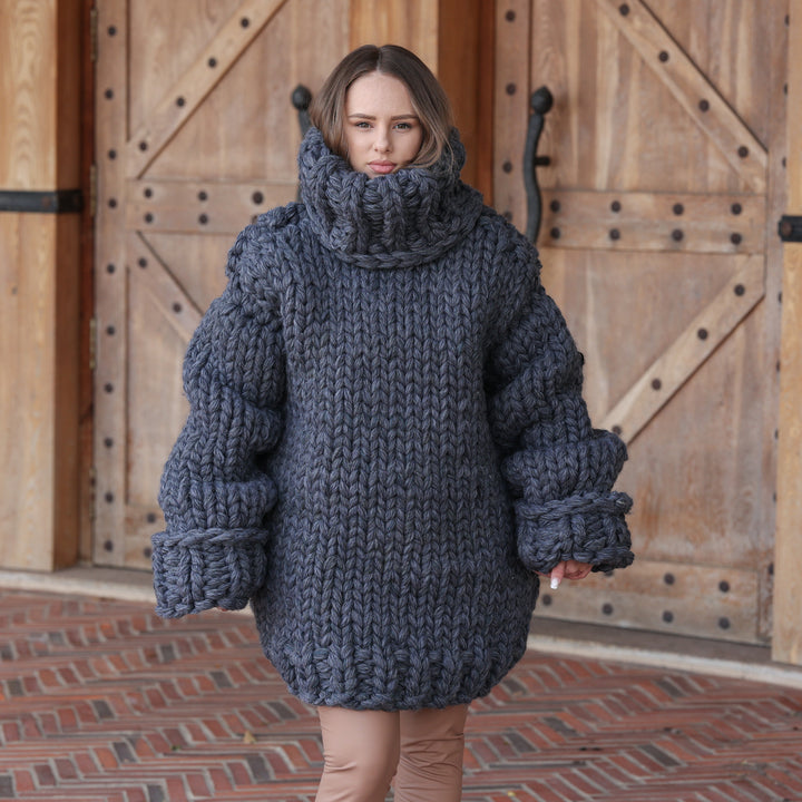 Gray 14-strand chunky 100% soft wool oversized turtleneck sweater T2427 view 1