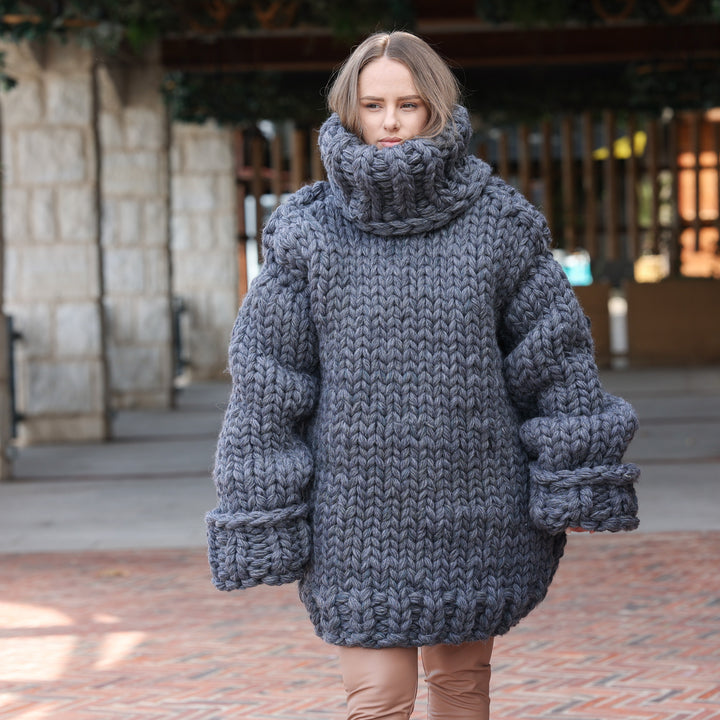 Gray 14-strand chunky 100% soft wool oversized turtleneck sweater T2427 view 6