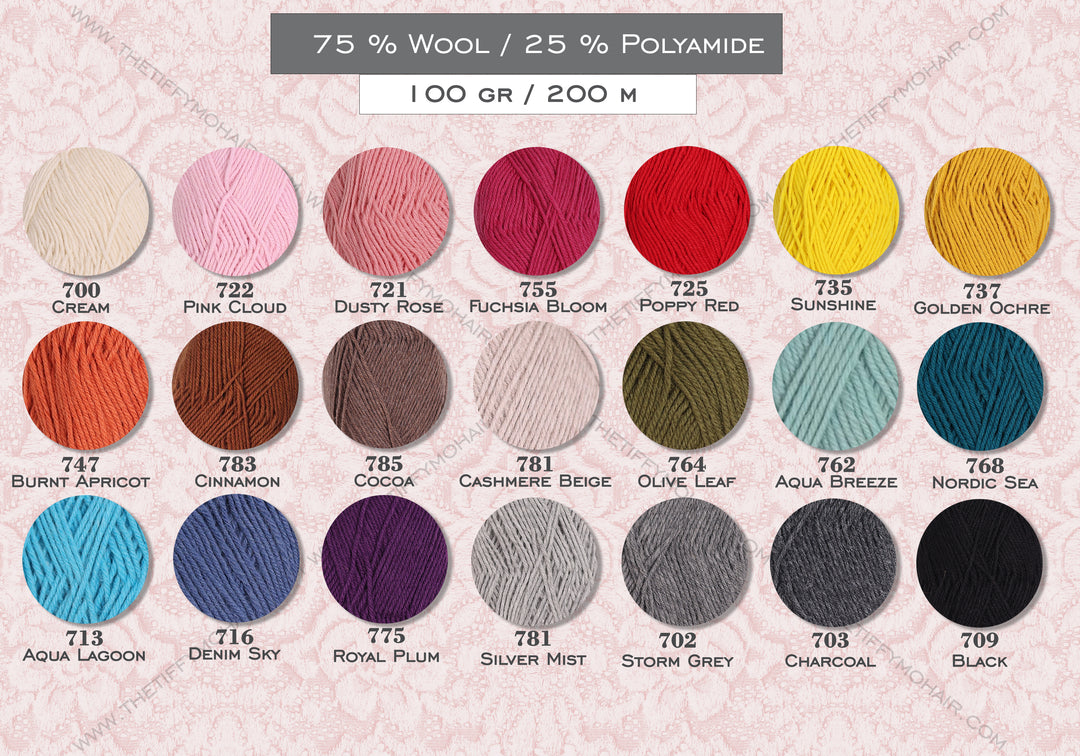a collection of yarn colors and their corresponding names, arranged in a grid format.