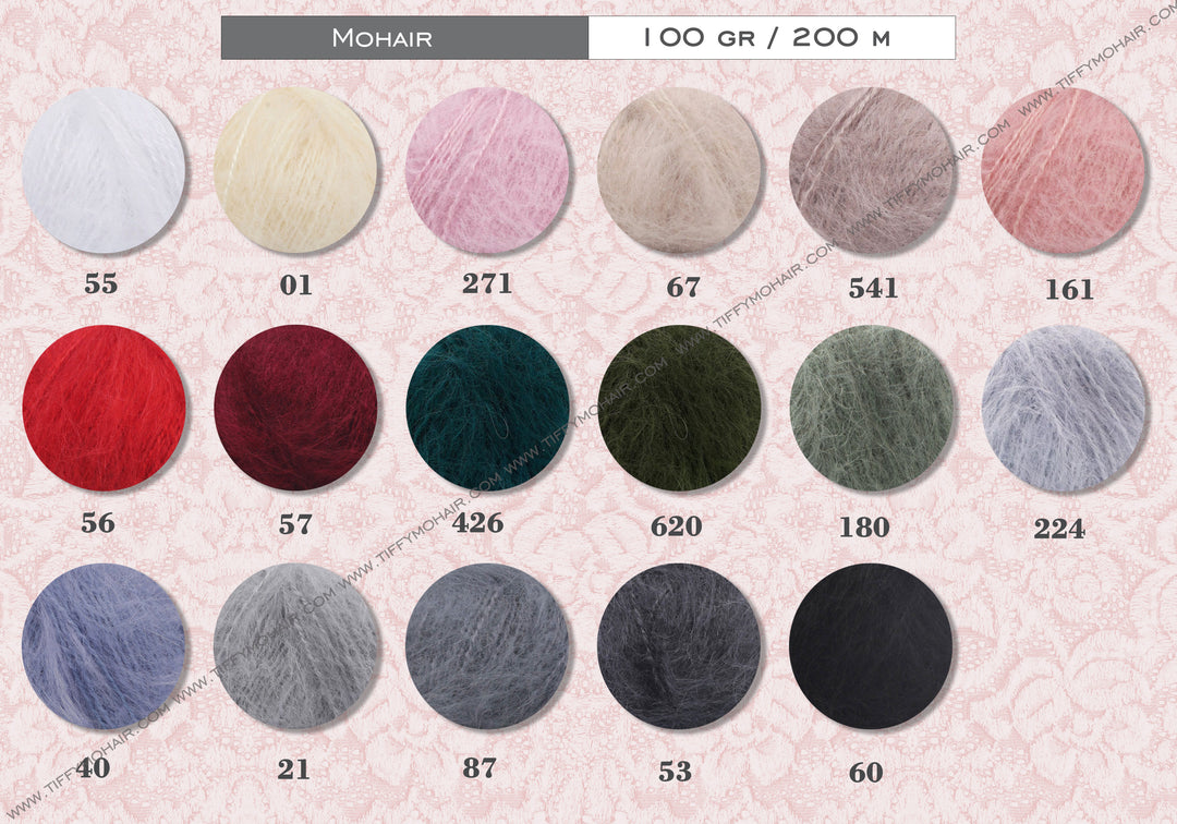 a collection of various yarn colors and textures, including white, pink, beige, gray, red, green, black, and gray.
