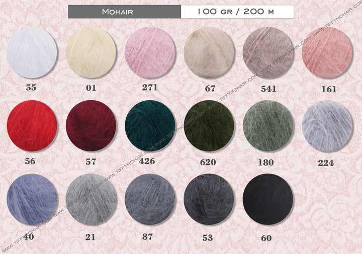 a collection of various yarn colors and textures, including white, pink, beige, gray, red, green, black, and gray.