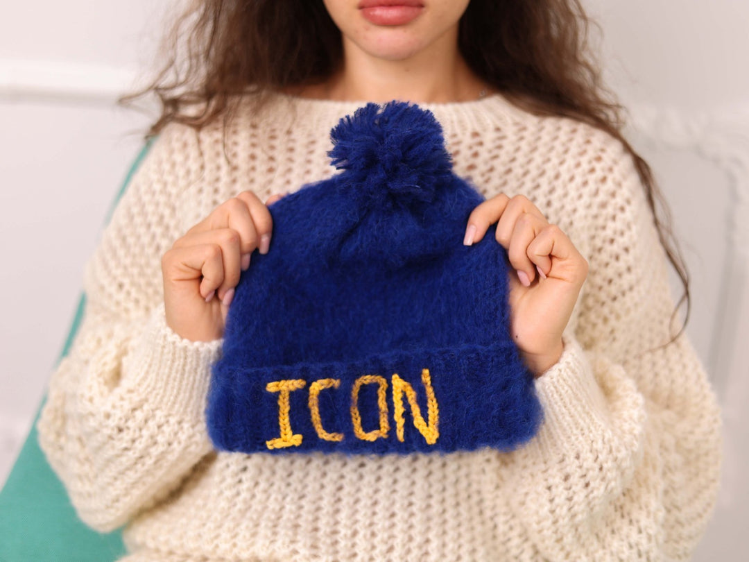 Blue brushed alpaca personalized beanie with yellow ICON embroidery