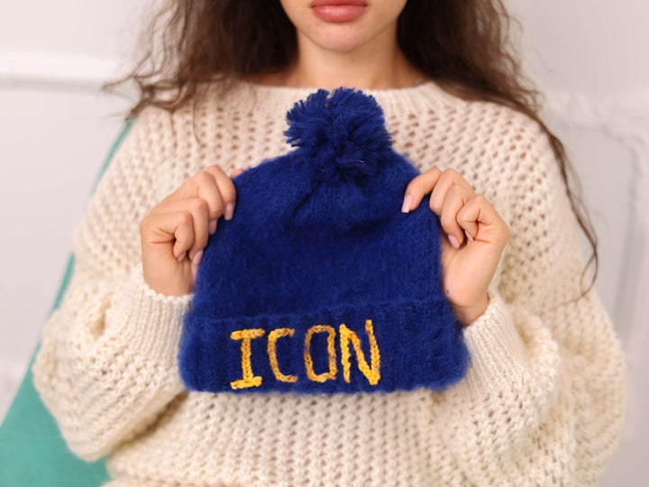 Blue brushed alpaca personalized beanie with yellow ICON embroidery