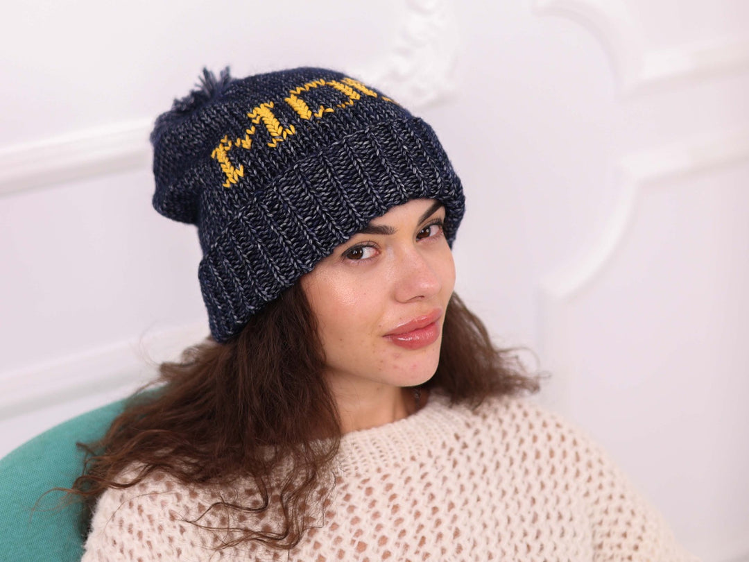 Personalized dark blue cotton wool knit hat with yellow custom embroidery