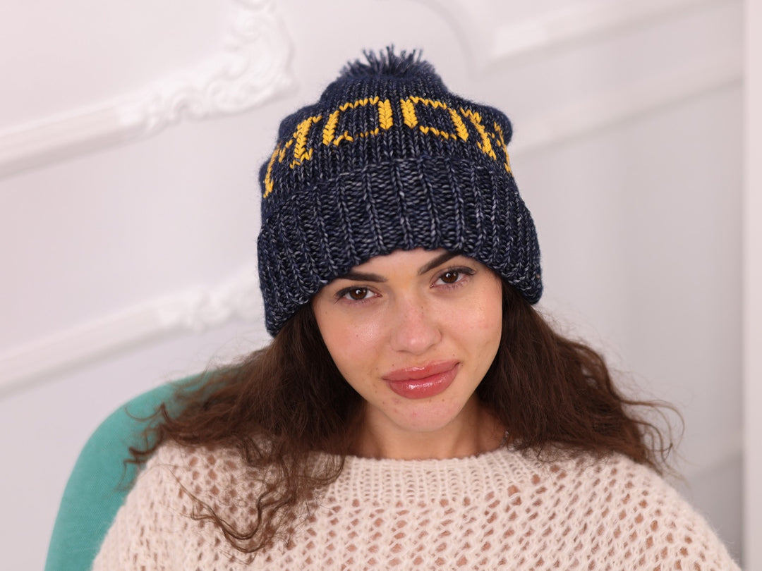 Dark blue and yellow personalized hand knitted beanie with pom pom