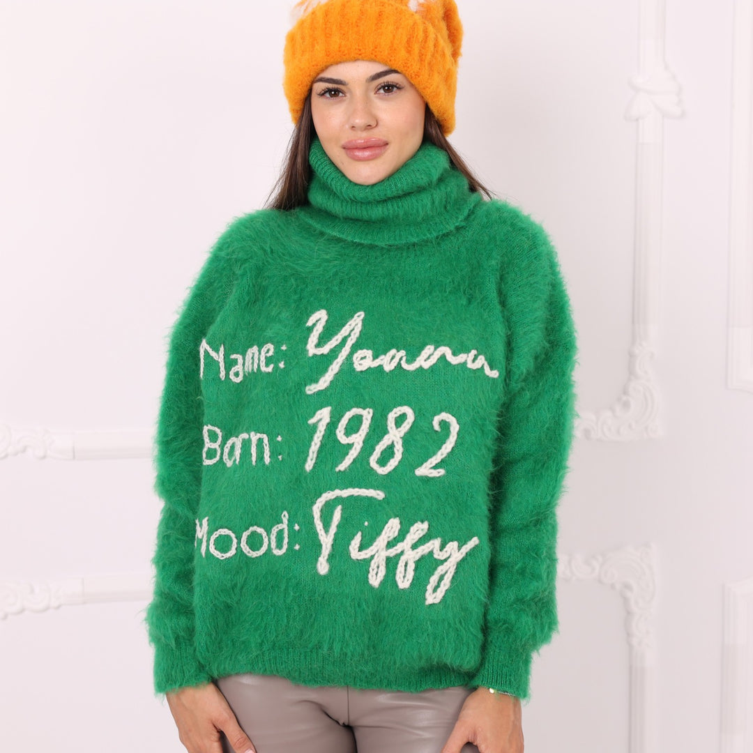 Model wearing green brushed alpaca personalized turtleneck sweater