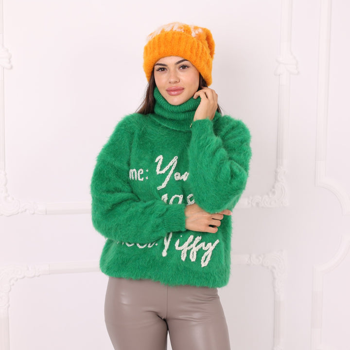 Green brushed alpaca sweater with personalized numbers and white embroidery