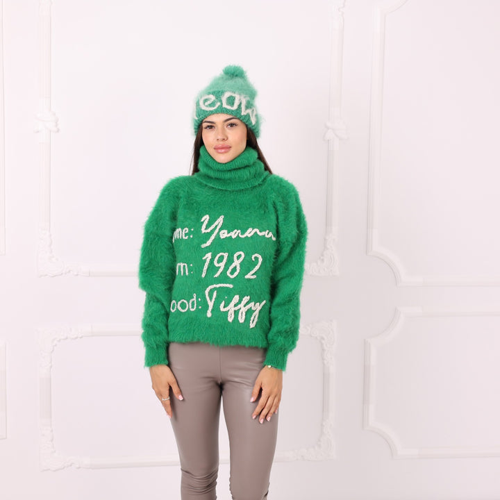Green alpaca turtleneck sweater custom embroidered front text