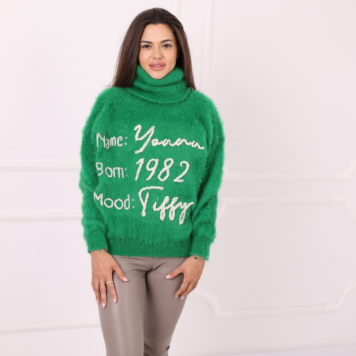 Back view of green brushed alpaca turtleneck sweater