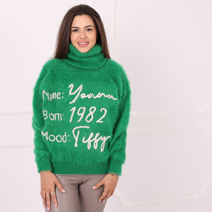 Side back view of green alpaca custom text turtleneck sweater