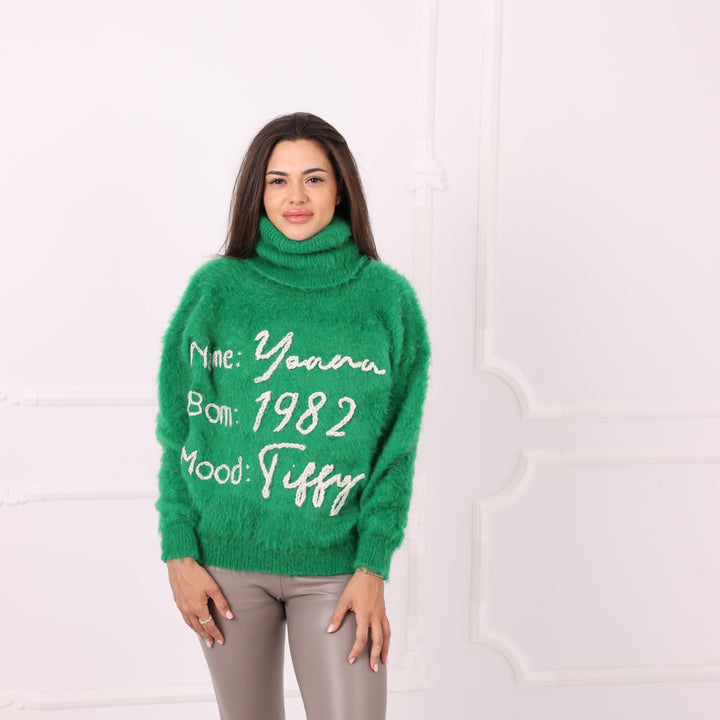 Green brushed alpaca handmade turtleneck pullover with custom embroidery