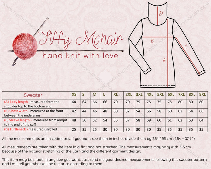 Sweater size chart with measurements for personalized hand knitted sweaters