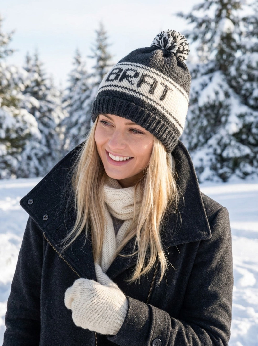 Model wearing black and cream soft wool personalized BRAT beanie with pom pom in snow
