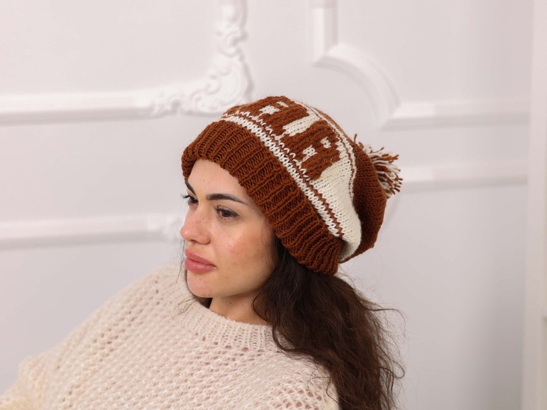 Portrait model wearing brown and cream custom soft wool beanie