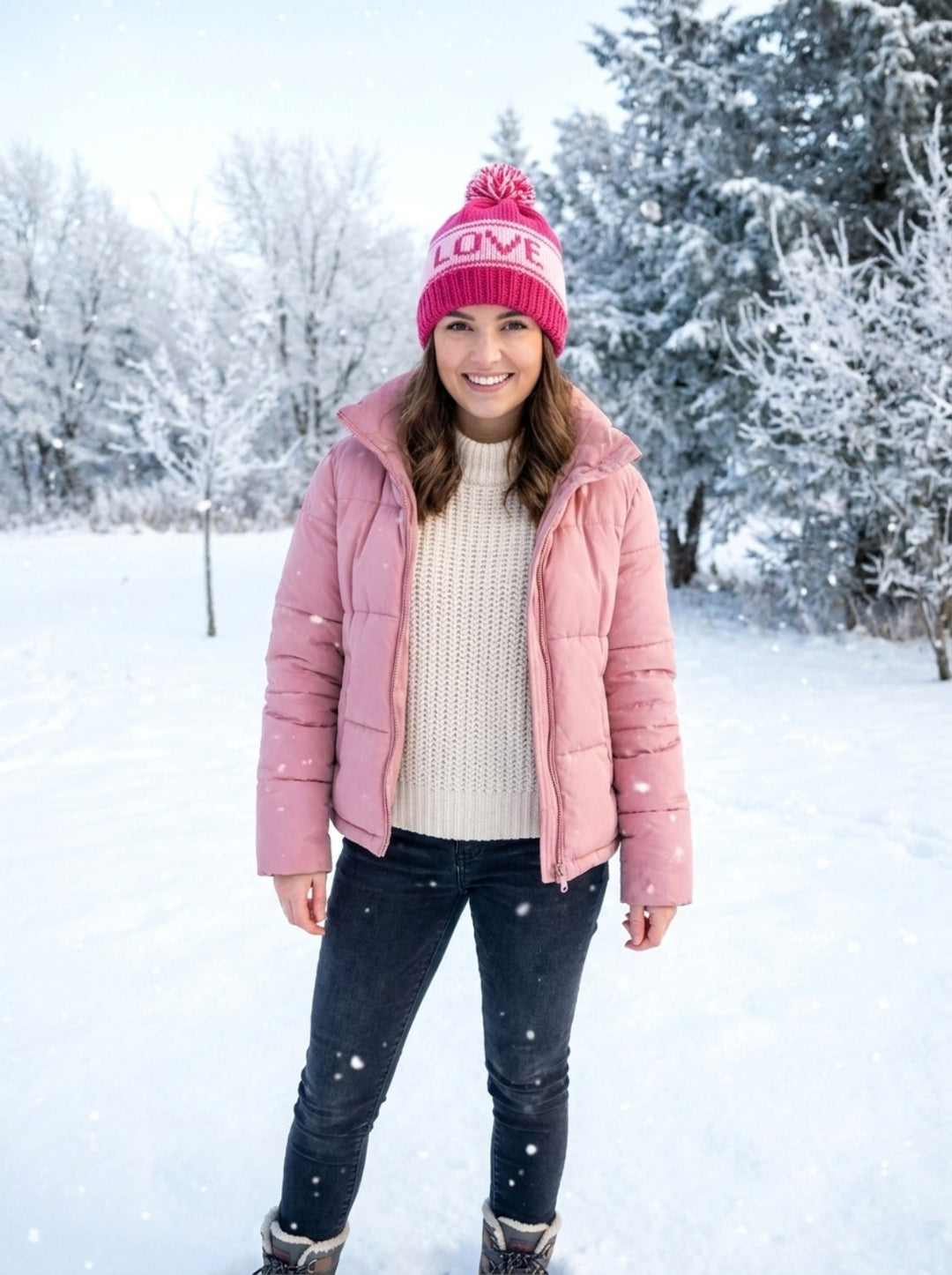 Model wearing pink soft wool personalized LOVE beanie with pom pom in snow