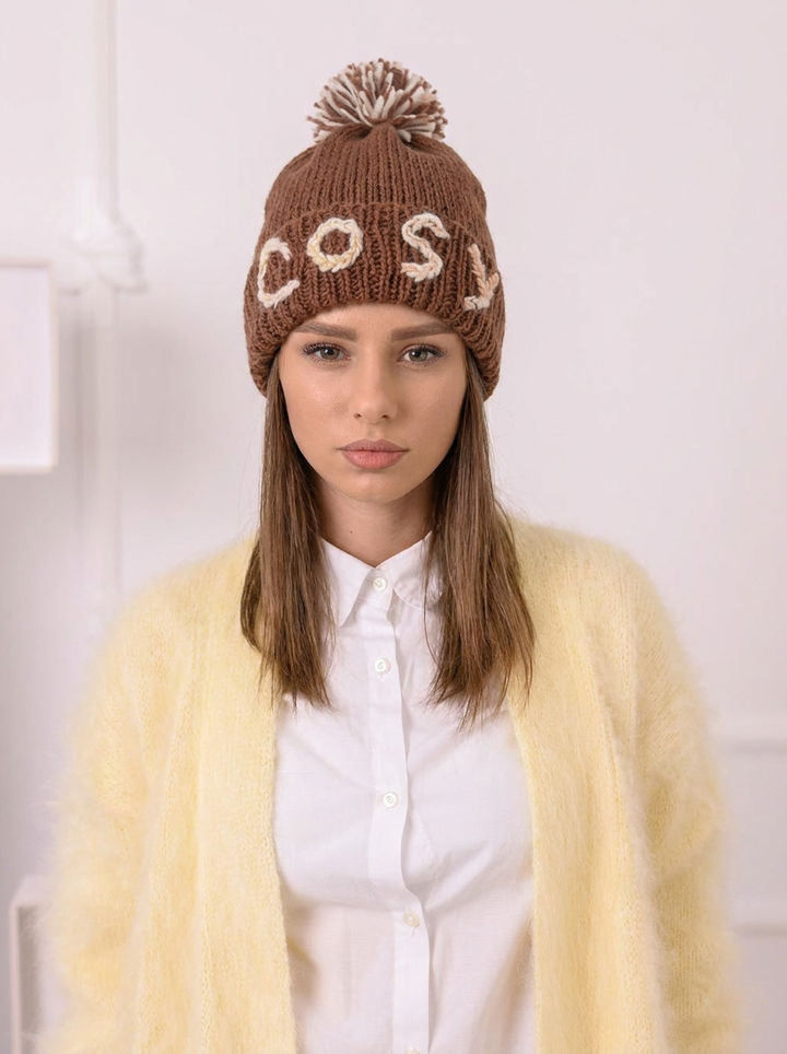 Personalized Soft Wool Beanie with Pom Pom, Custom Word Winter Knit Hat H11