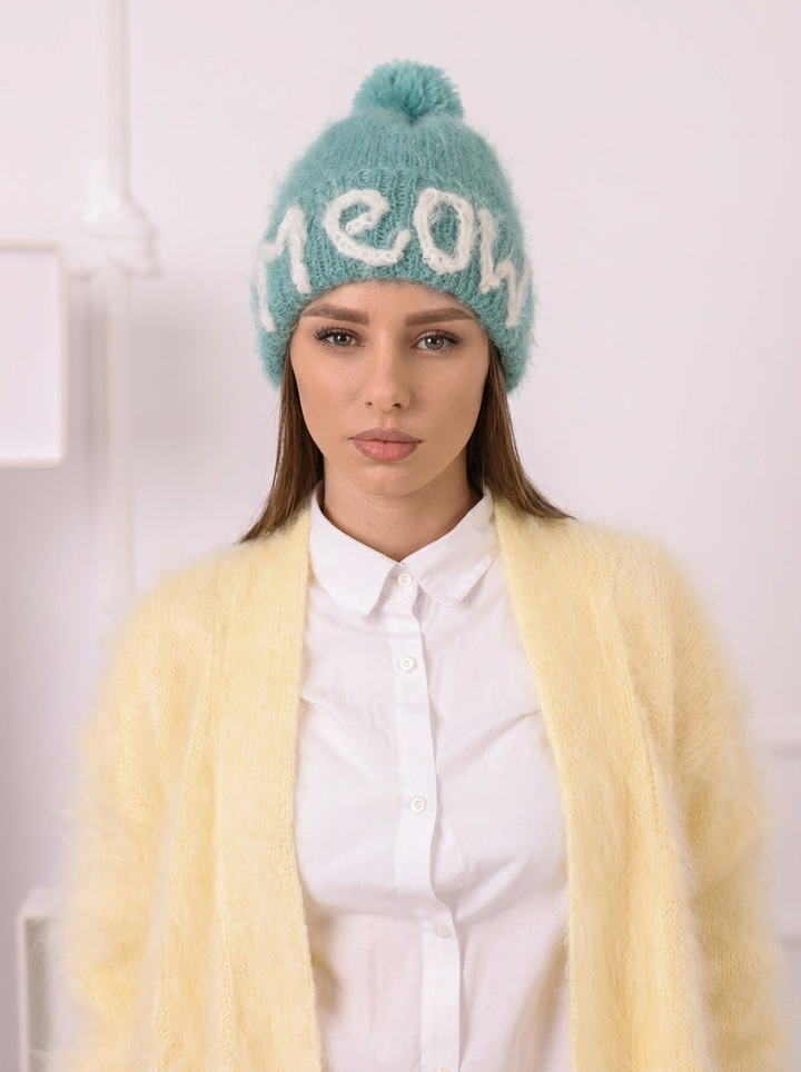 Personalized Kid Mohair Hat with Pom Pom Meow, Custom Name Beanie, Personalised knitwear  H1