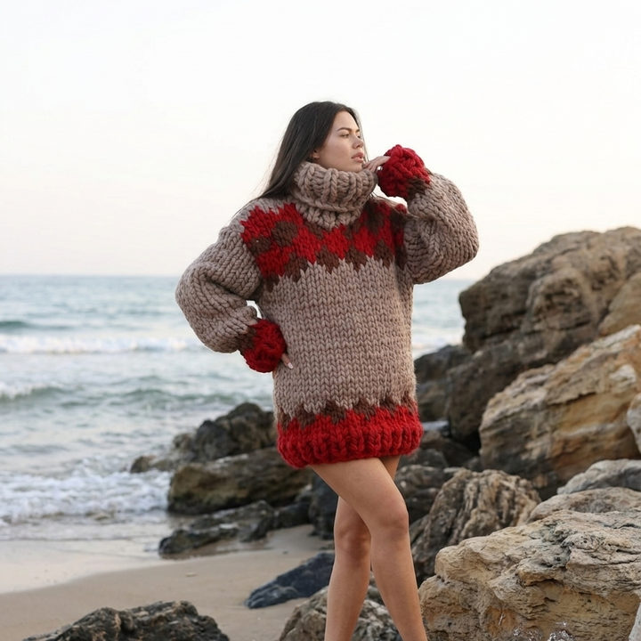 Woman wearing a patterned sweater on a rocky beach with ocean in the background