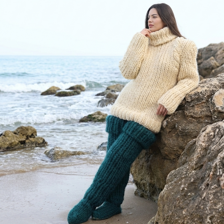 Mohair Wool Thigh High Socks, Chunky Knit Boot Socks, Green T2257