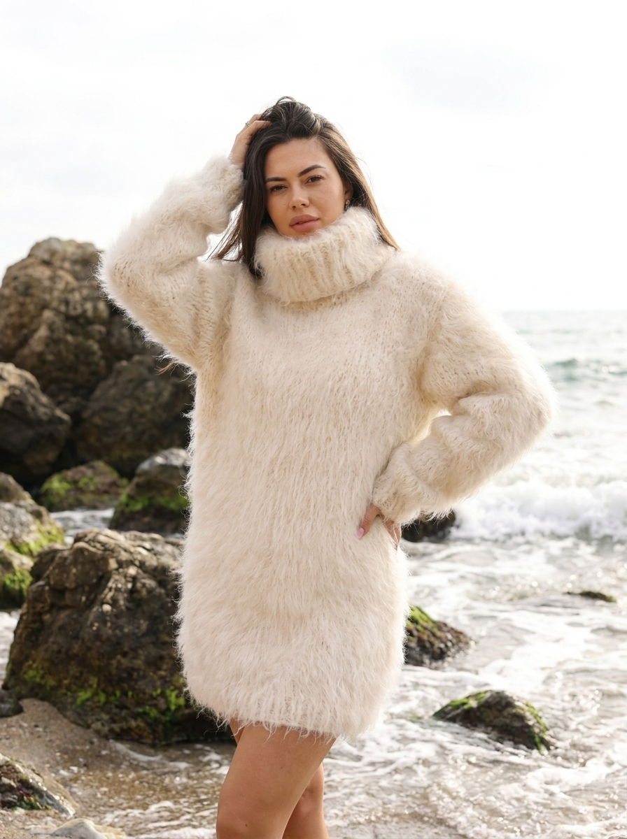 Woman wearing a fluffy white dress standing by a rocky coastal area.