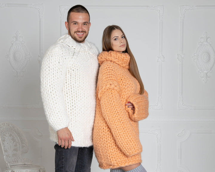Women’s Giant Knit Sweater, Hand Knitted Thick Merino Wool Cable Pullover T622W