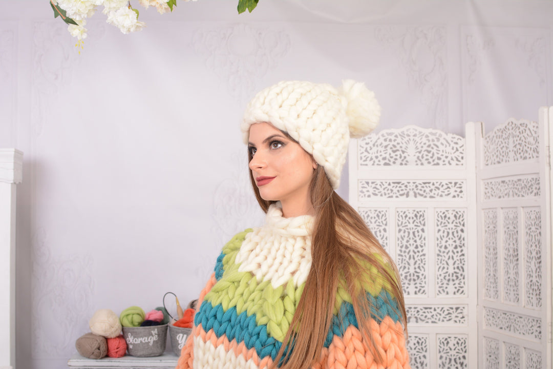 White Merino Wool Beanie – Hand Knitted Chunky Pom Pom Hat for Women T726