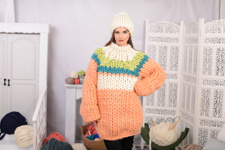 White Merino Wool Beanie – Hand Knitted Chunky Pom Pom Hat for Women T726