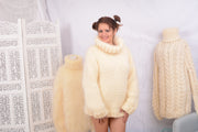 Cream 10-Strand Raglan Mohair Turtleneck Sweater T742