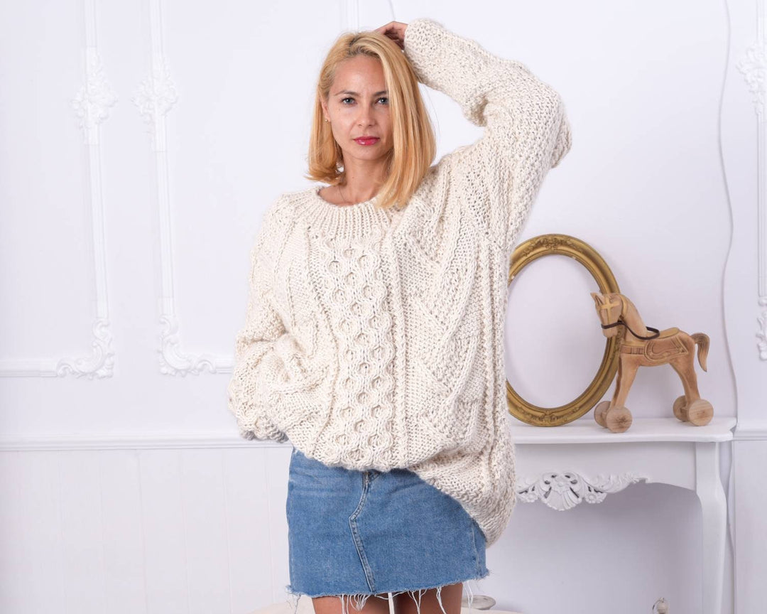 100% Alpaca Cable Knit Sweater – Super Soft Chunky Hand-Crafted Crewneck T858M