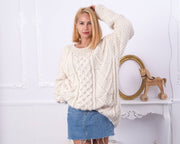 Handgestrickter Alpaka Zopfmuster-Pullover, Grober Rundhals-Jumper T858W