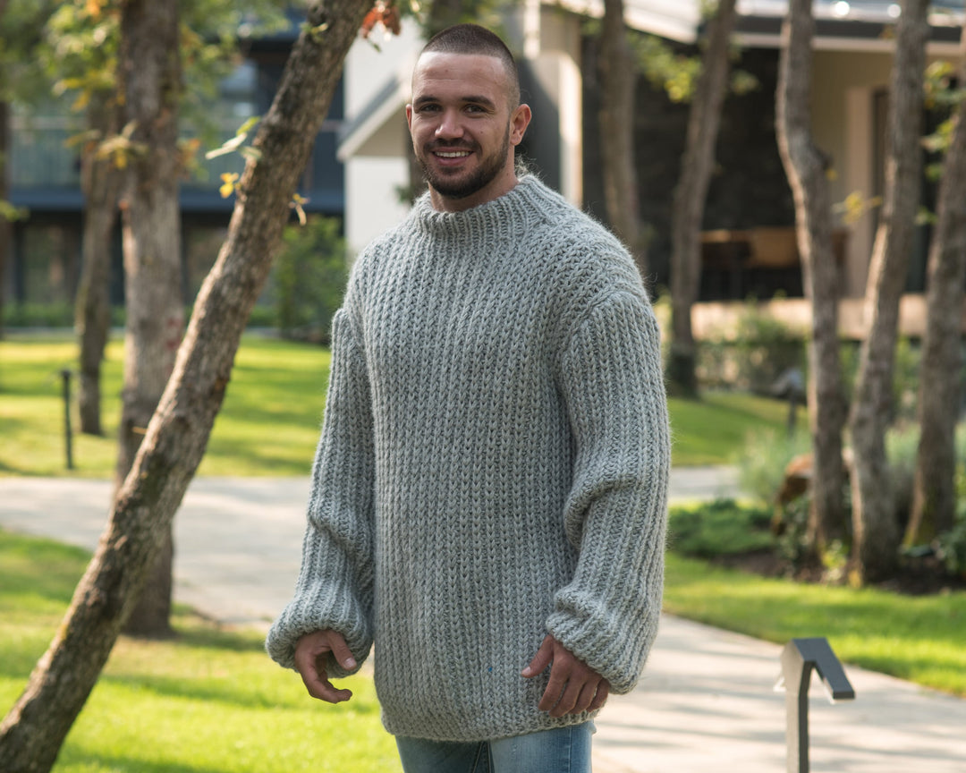 Extremely Soft Alpaca Sweater – 2 kg Hand-Knitted Chunky English Rib Crewneck Jumper T862M