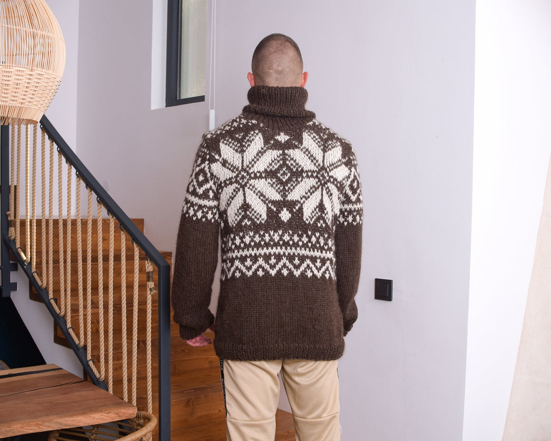 Hand-Knitted Slouchy Alpaca Sweater – Nordic Fair Isle Jumper in Natural Shades T864M