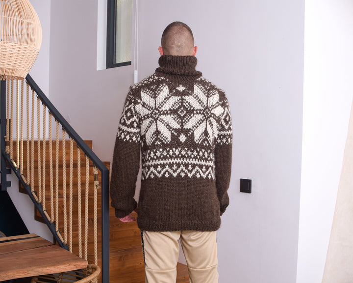Hand-Knitted Slouchy Alpaca Sweater – Nordic Fair Isle Jumper in Natural Shades T864M