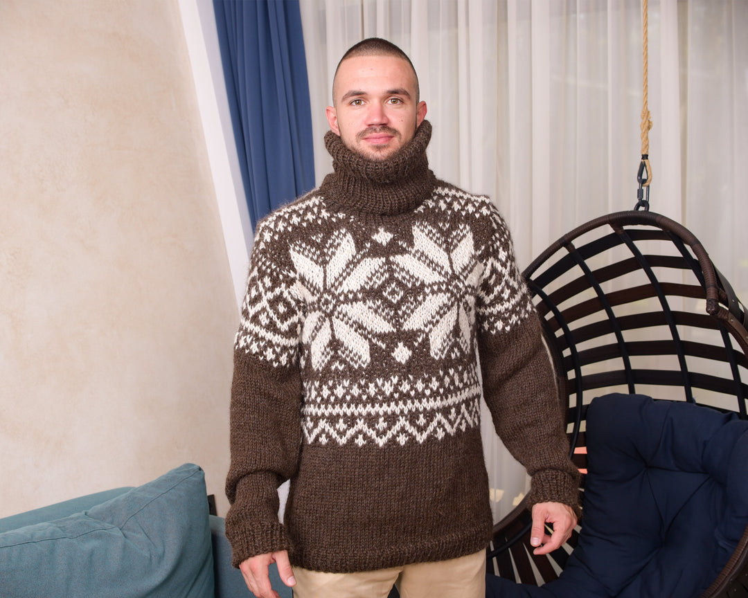 Hand-Knitted Slouchy Alpaca Sweater – Nordic Fair Isle Jumper in Natural Shades T864M