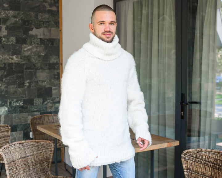 Soft White Sweater – Fluffy Hairy Extra Fine Alpaca & Merino Italian Yarn Jumper T850