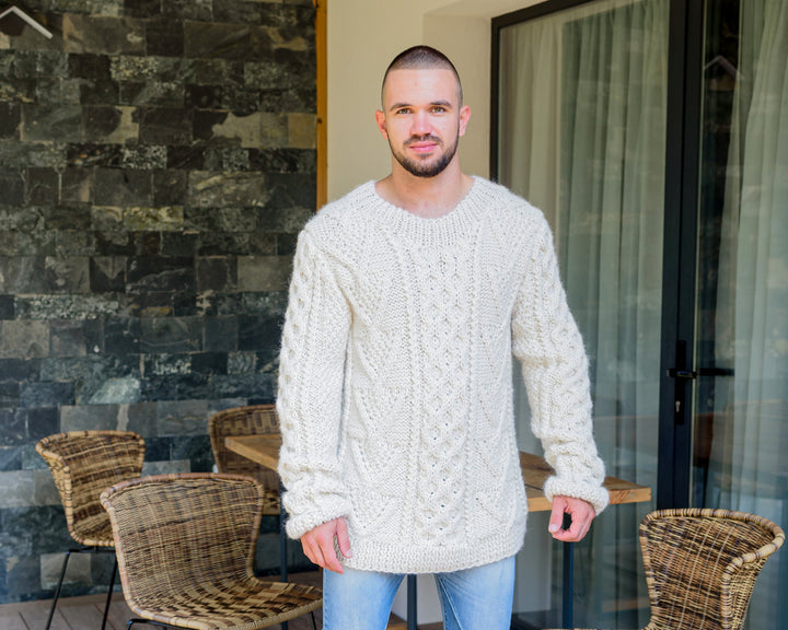 Hand Knitted Alpaca Cable Knit Sweater, Chunky Crewneck Jumper T858W
