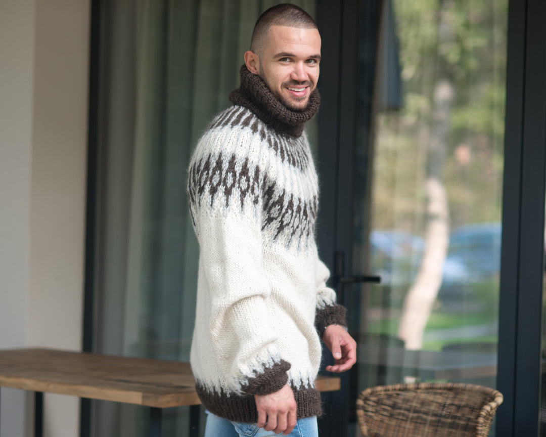 Lopapeysa Alpaca Sweater, Hand Knitted Icelandic Cream Pullover T863W
