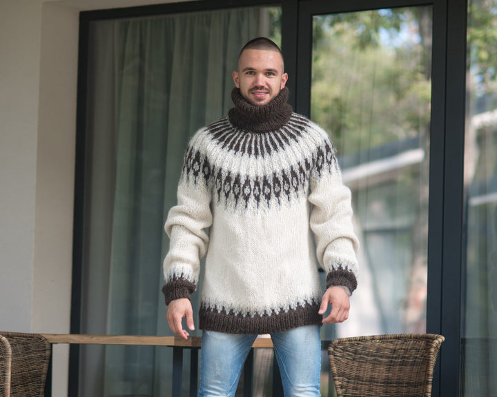 Icelandic Lopapeysa Sweater – Cream 100 % Alpaca Regular Fit Men’s Jumper T863M