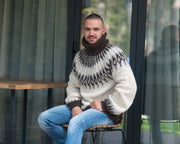 Pull islandais Lopapeysa – Crème 100 % alpaga Coupe droite Pull homme T863M