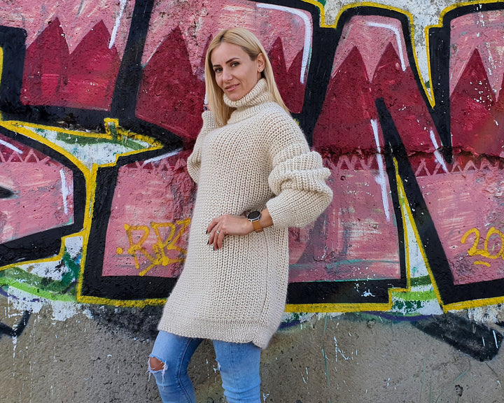 100% Alpaca Turtleneck Sweater, Hand Knitted English Rib Jumper T904