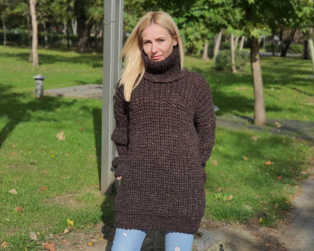 Hand Knitted Turtleneck Sweater, English Rib Wool and Alpaca Mix Jumpe T905