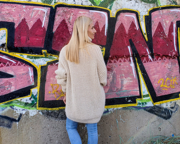 100% Alpaca Turtleneck Sweater, Hand Knitted English Rib Jumper T904