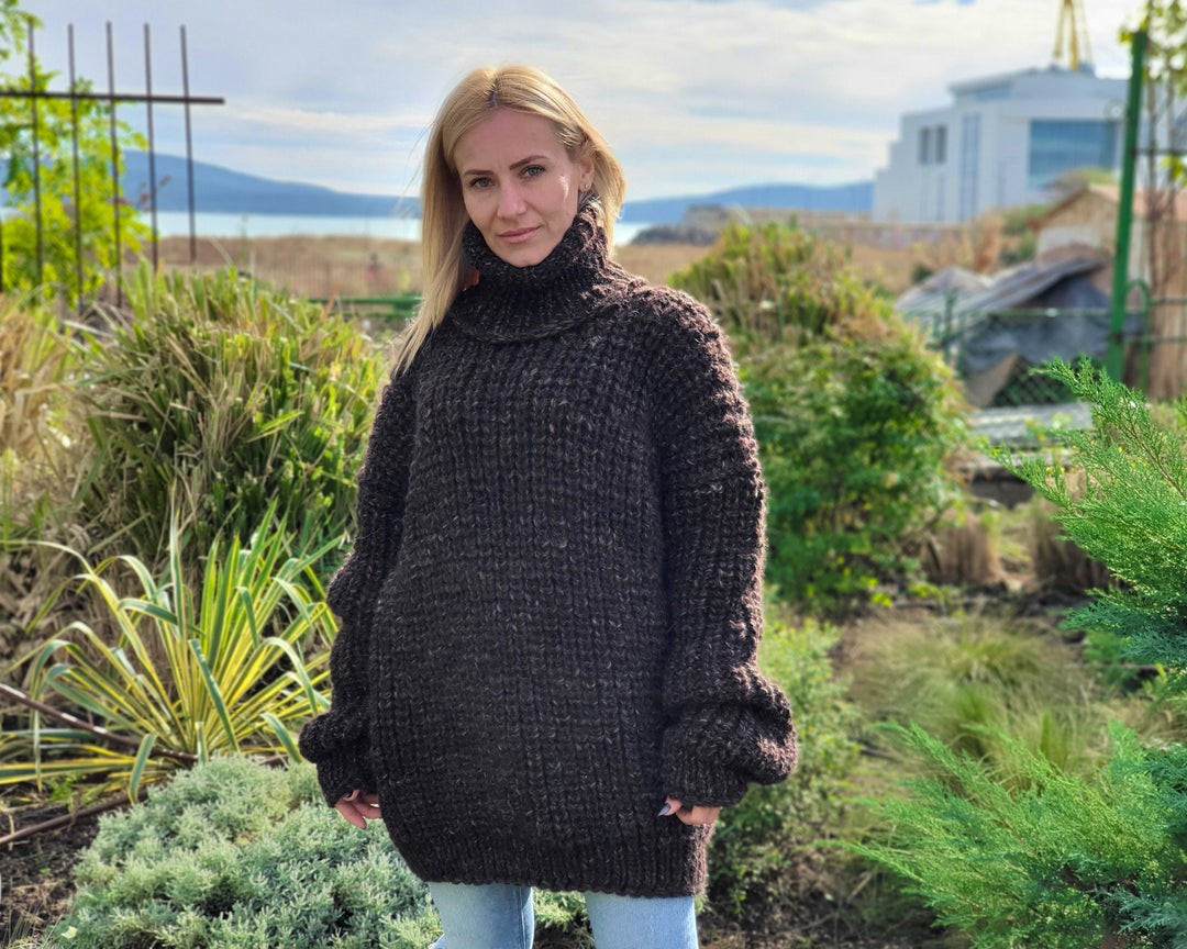 Hand Knitted Turtleneck Sweater, English Rib Wool and Alpaca Mix Jumpe T905