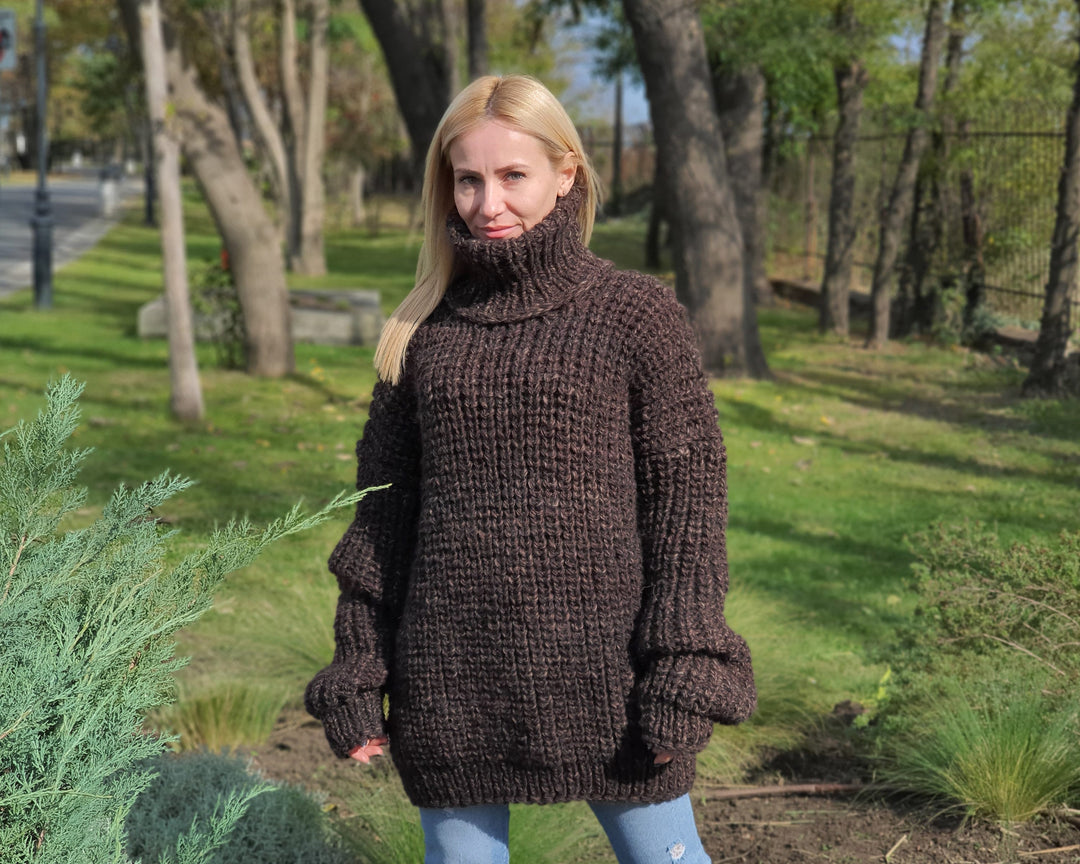 Hand Knitted Turtleneck Sweater, English Rib Wool and Alpaca Mix Jumpe T905