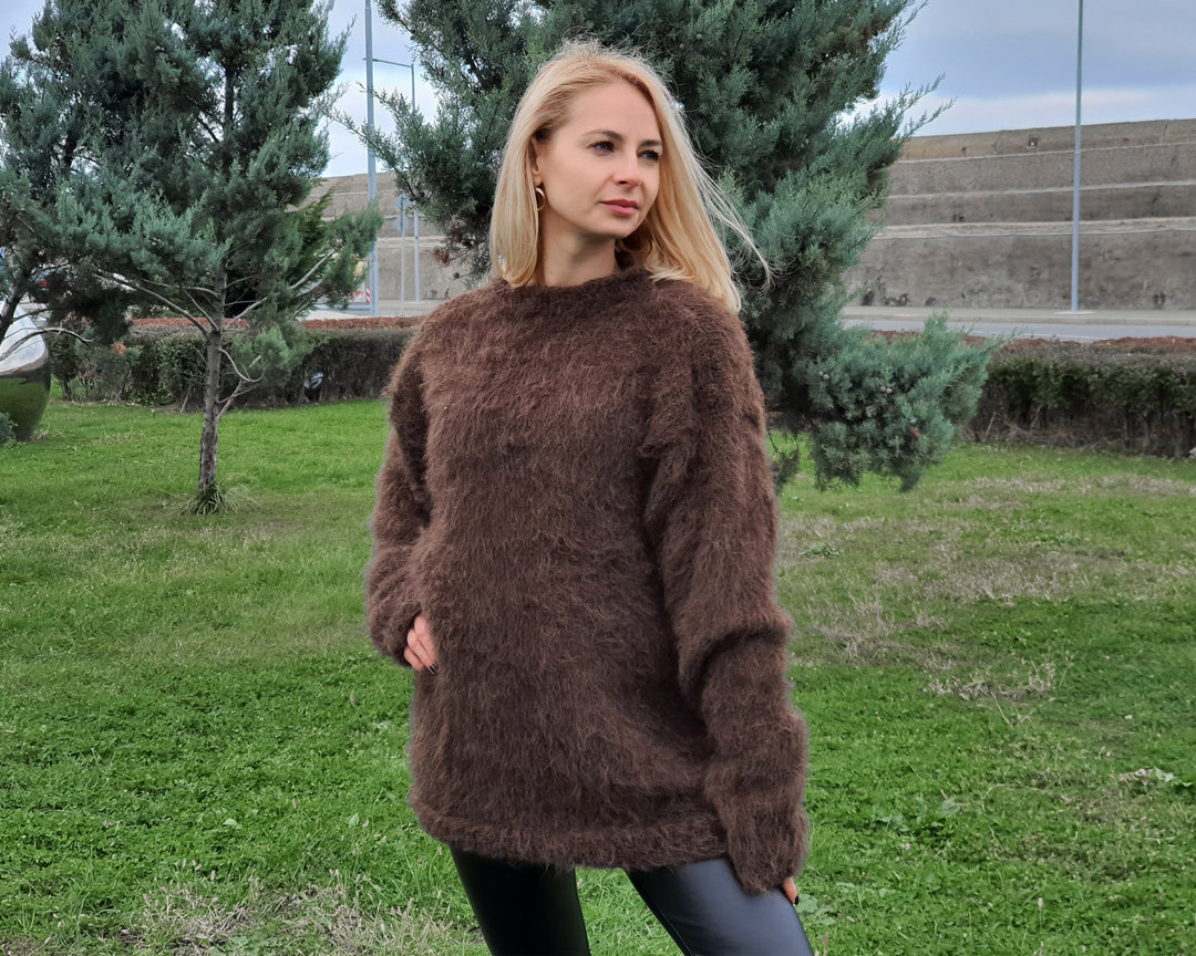 Hairy 100% Alpaca Sweater, Hand Knitted Soft Crewneck Pullover, Fluffy Warm Wool Jumper T957