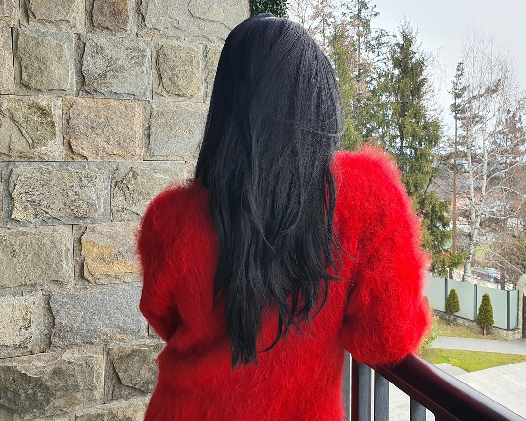 Red Suri Alpaca Sweater, Fluffy Knit Jumper, Non-Mohair Yarn T956