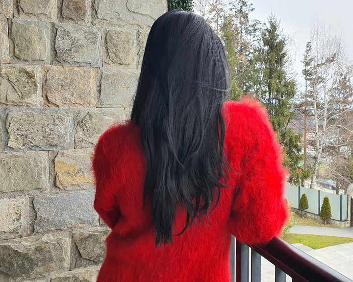Red Suri Alpaca Sweater, Fluffy Knit Jumper, Non-Mohair Yarn T956
