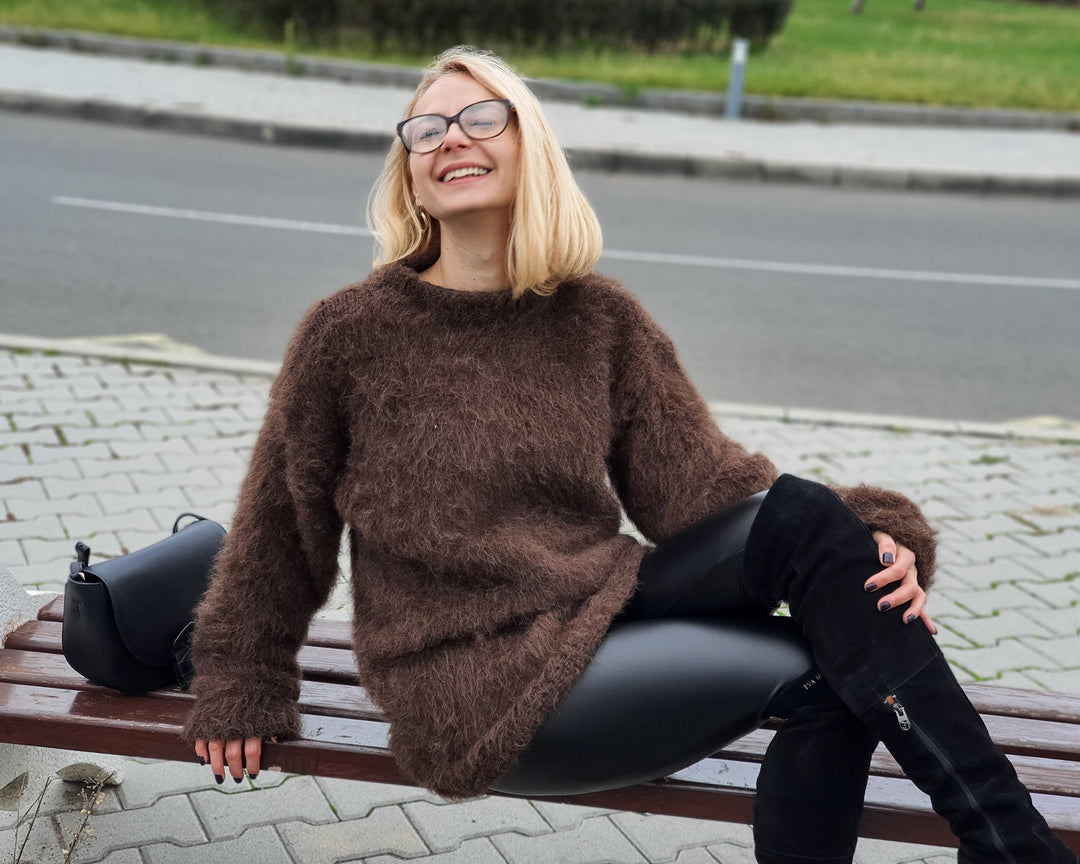 Hairy 100% Alpaca Sweater, Hand Knitted Soft Crewneck Pullover, Fluffy Warm Wool Jumper T957